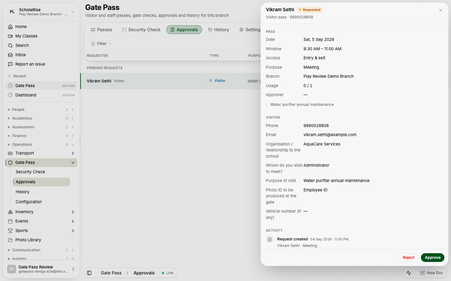 A visitor request in the panel, with Approve and Reject in the footer