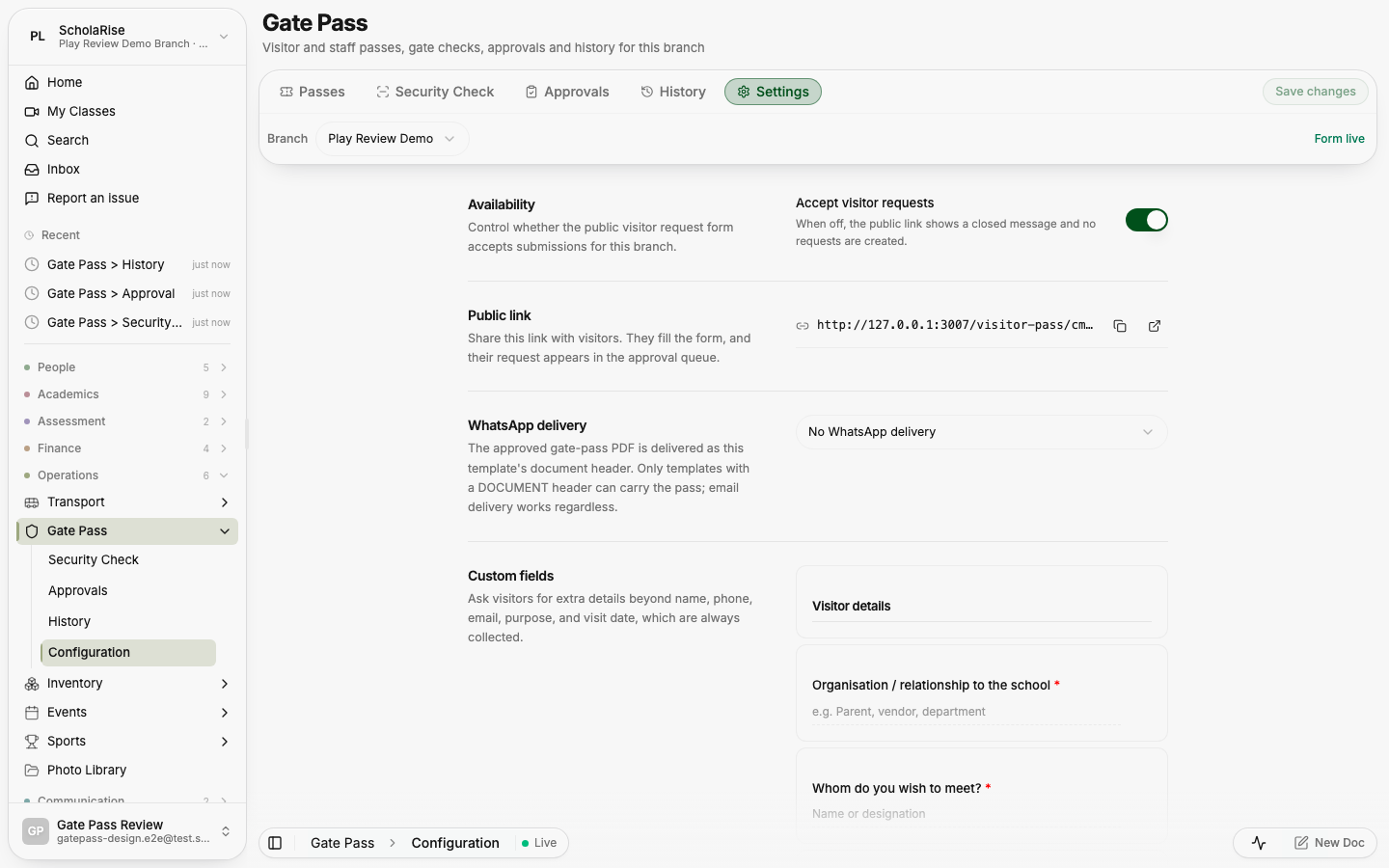 Visitor form settings with the branch picker in the toolbar and Save on the tab row