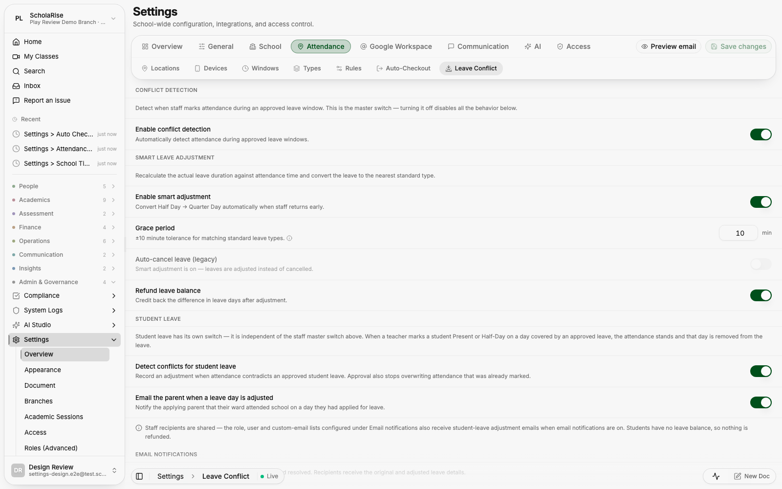 Leave-conflict rules as plain toggle rows