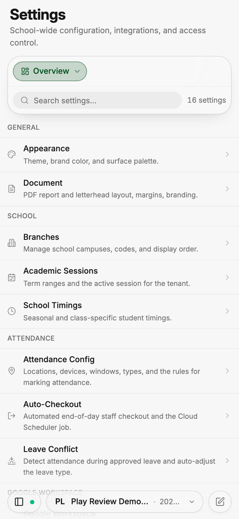 The Settings overview on a phone