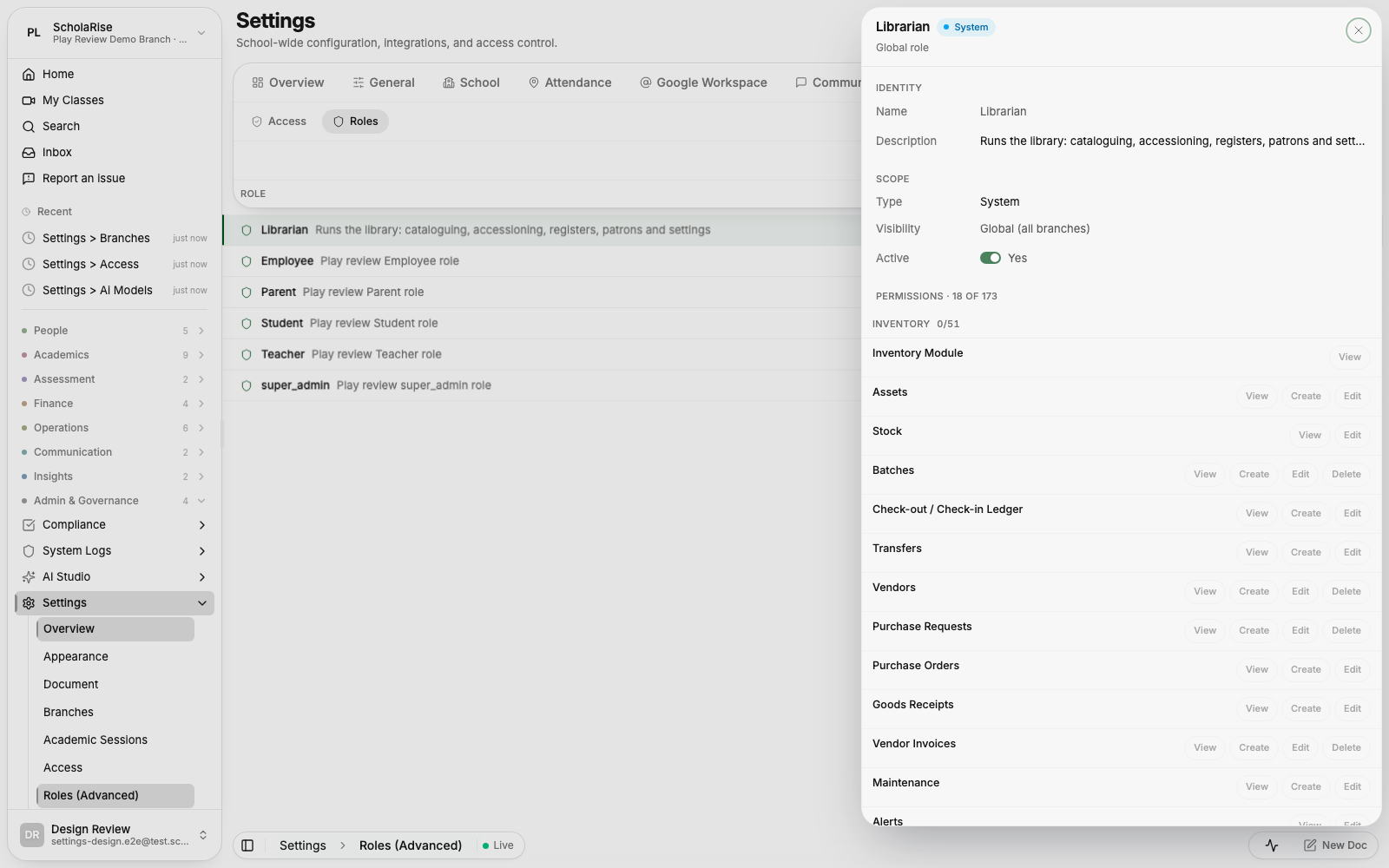 A role's permissions in the detail sheet