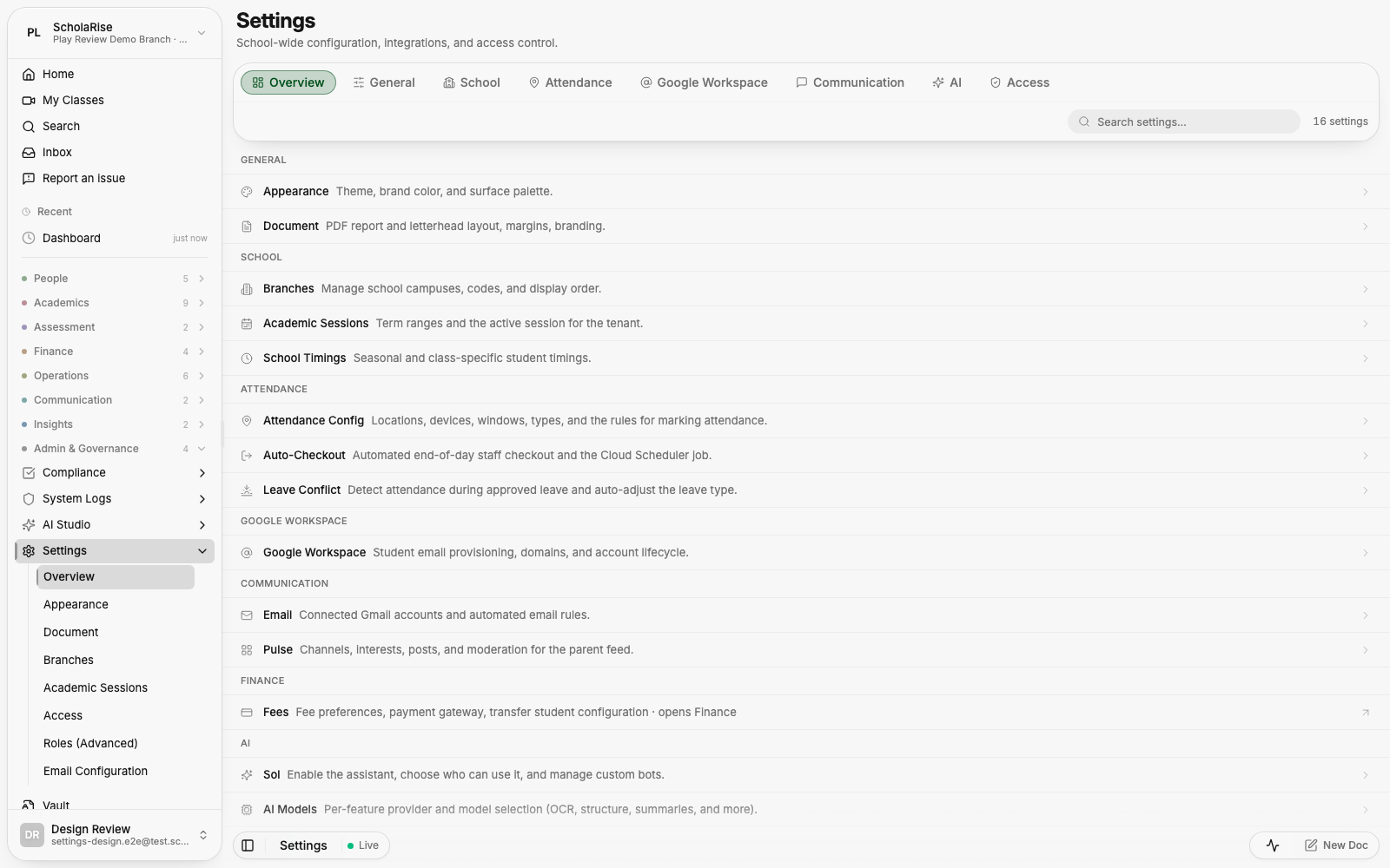 The new Settings overview: grouped tabs and a searchable index of every settings page