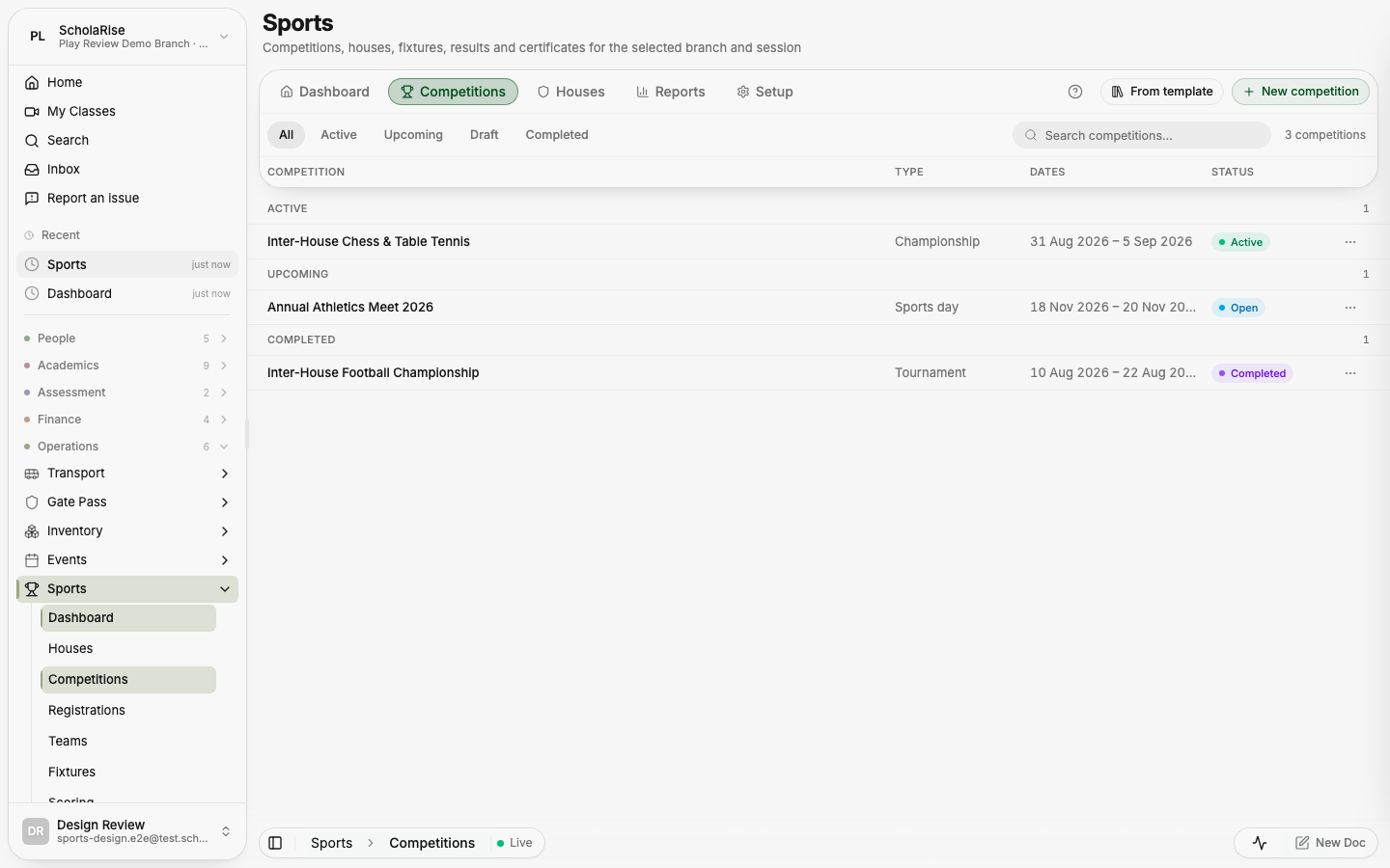 Competitions list with stage pills and search in the floating toolbar