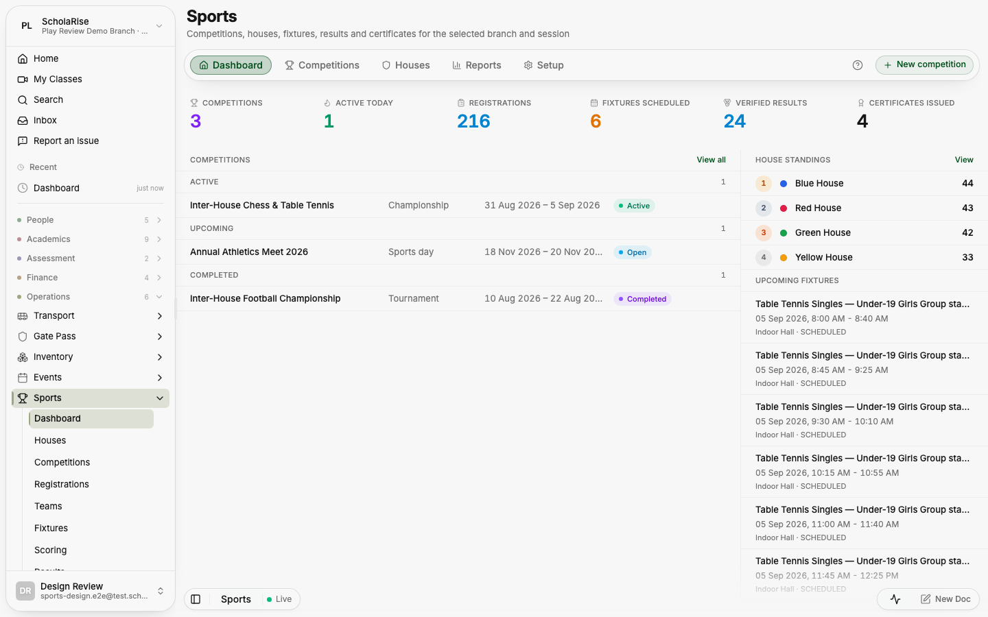 Sports dashboard: season counters, competitions by stage, house standings and upcoming fixtures