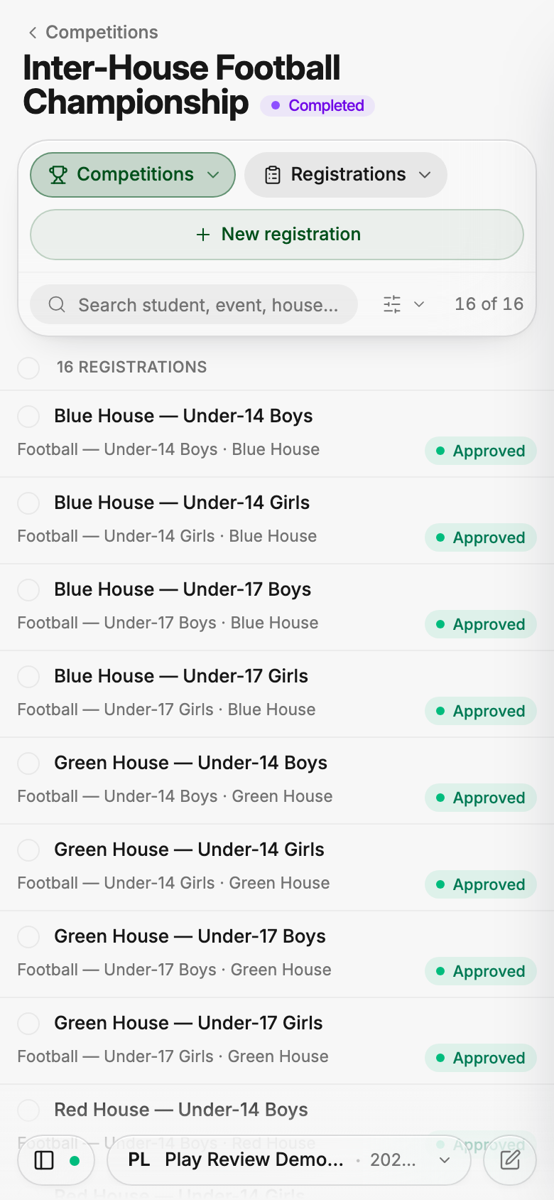 Registrations on a phone: a three-row toolbar with folded filters