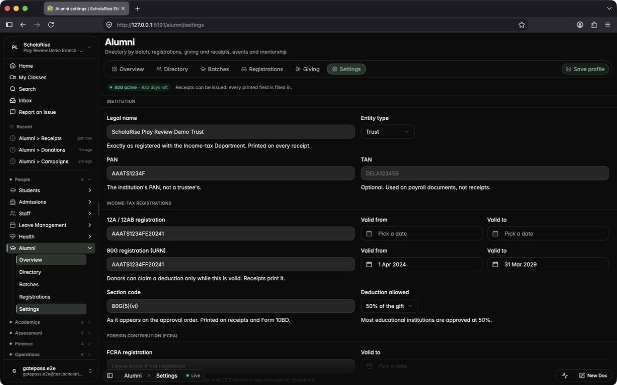 80G registration and receipt series in settings