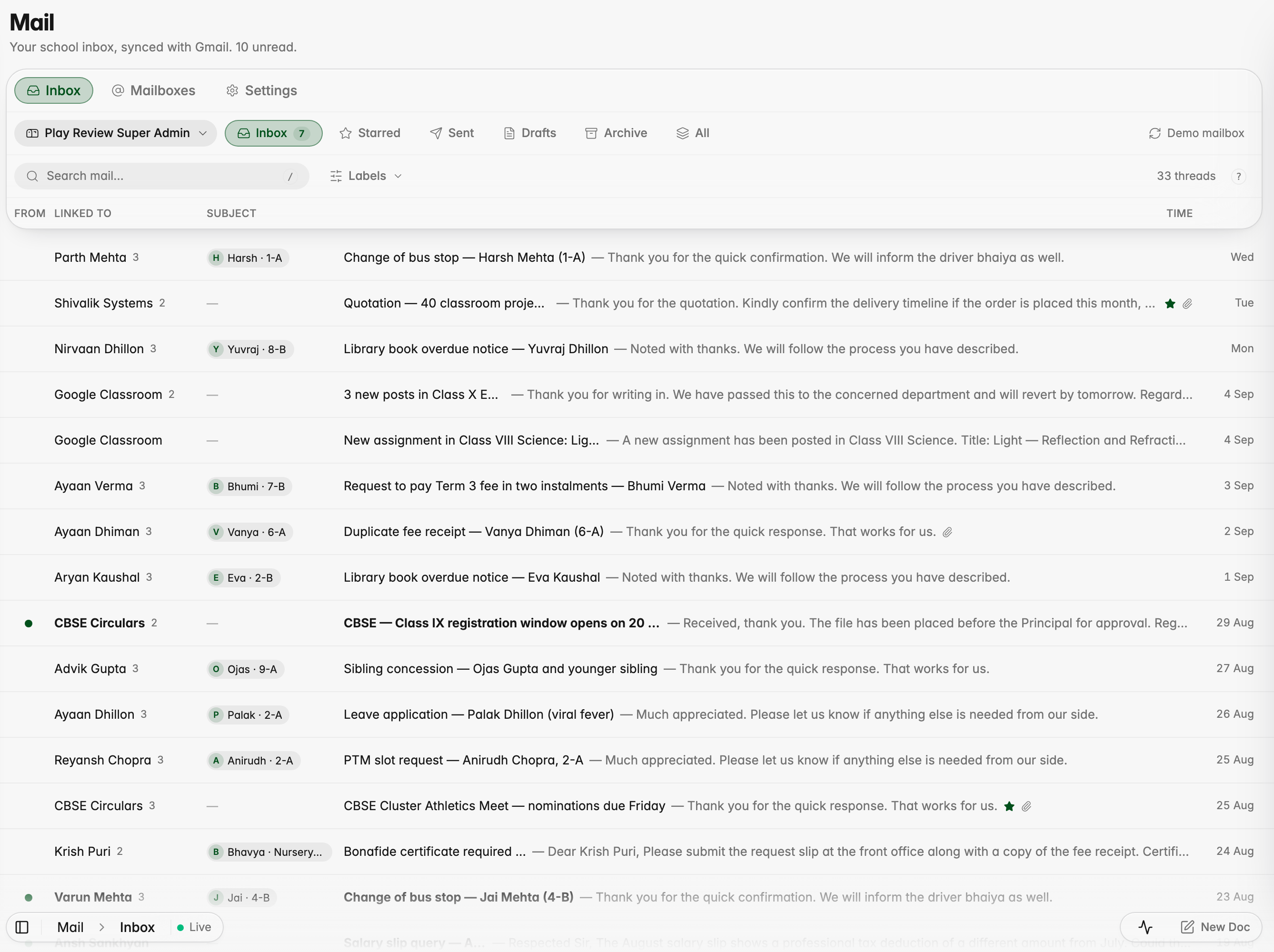 The Mail inbox, with each email linked to the student it is about