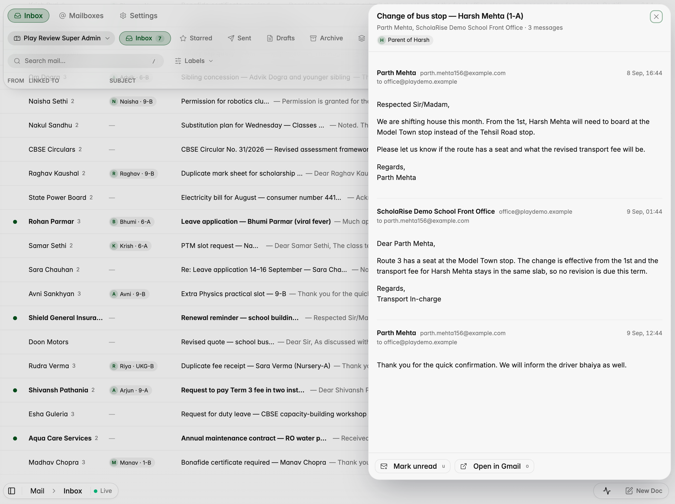 Opening an email shows the whole conversation and who it is about