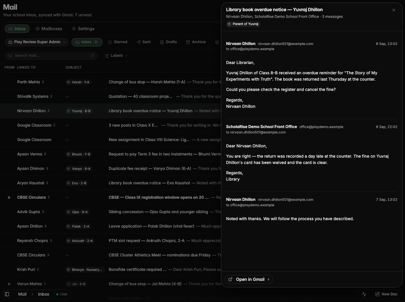 Opening a message keeps the inbox list in place, with the opened email still highlighted