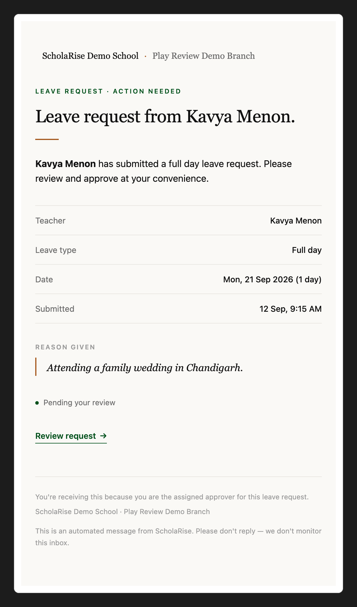 A ScholaRise leave-request email shown with its own layout, fonts and colours