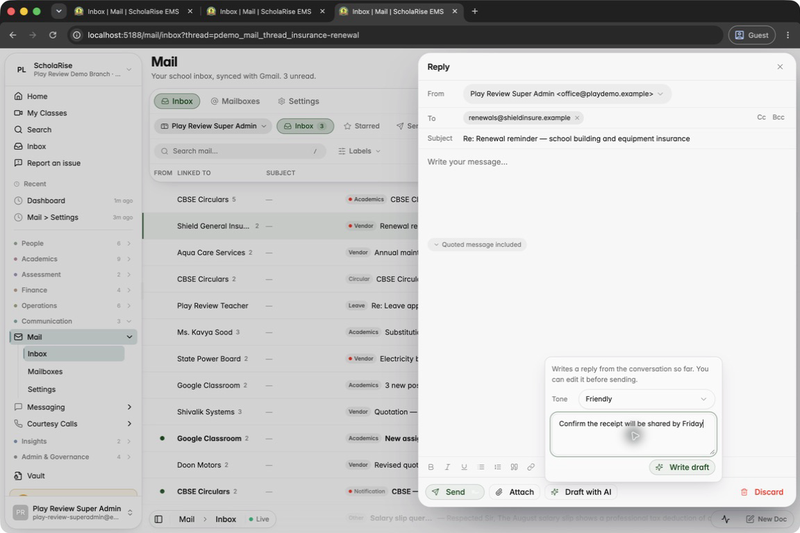 Draft with AI: pick a tone and add a note