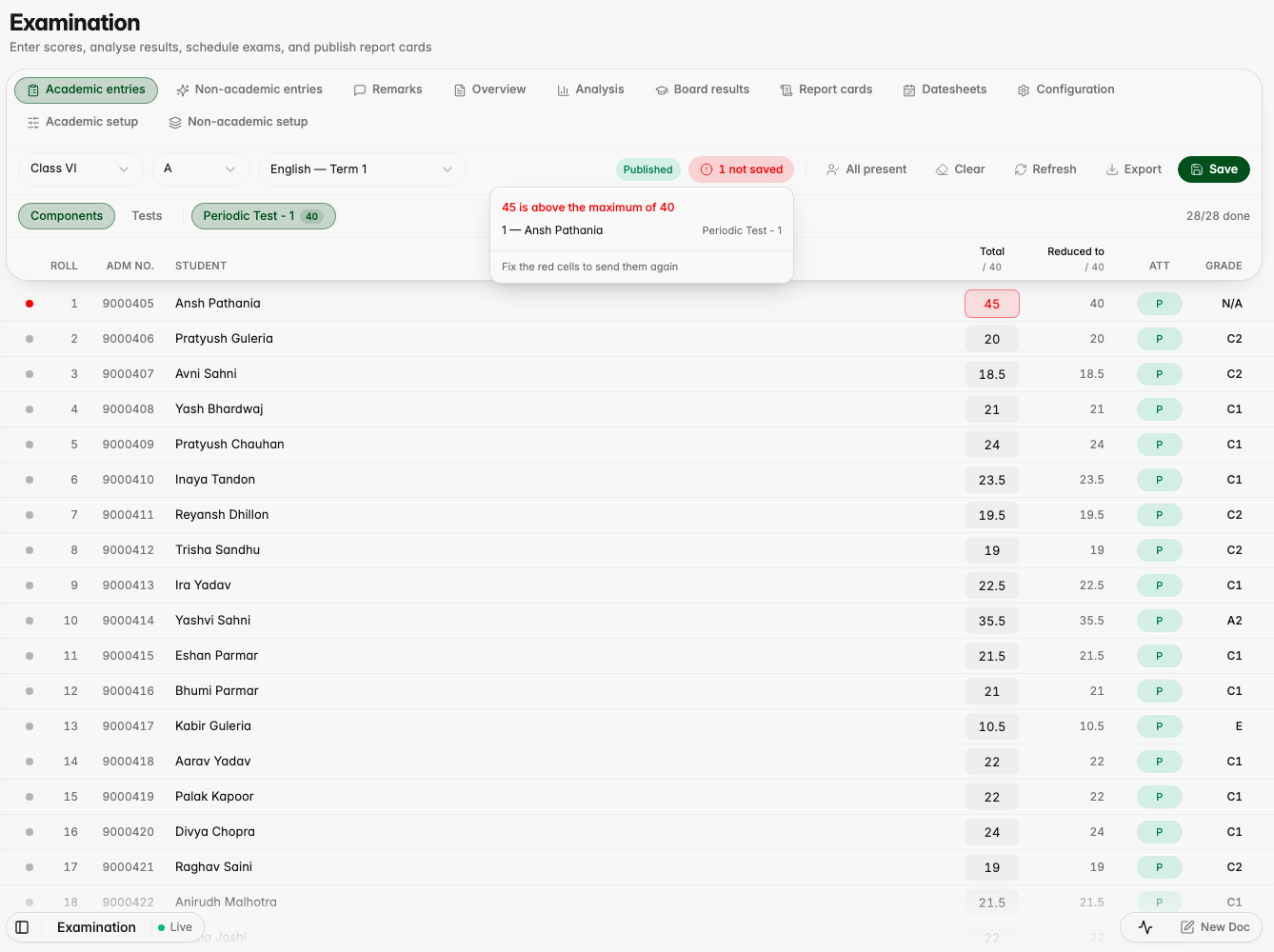"1 not saved" opens a list naming the student, the cell and why it was not saved