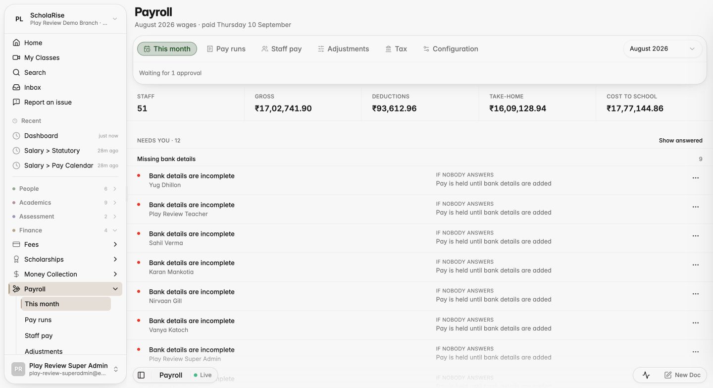 The payroll month page with just the status line under the tabs