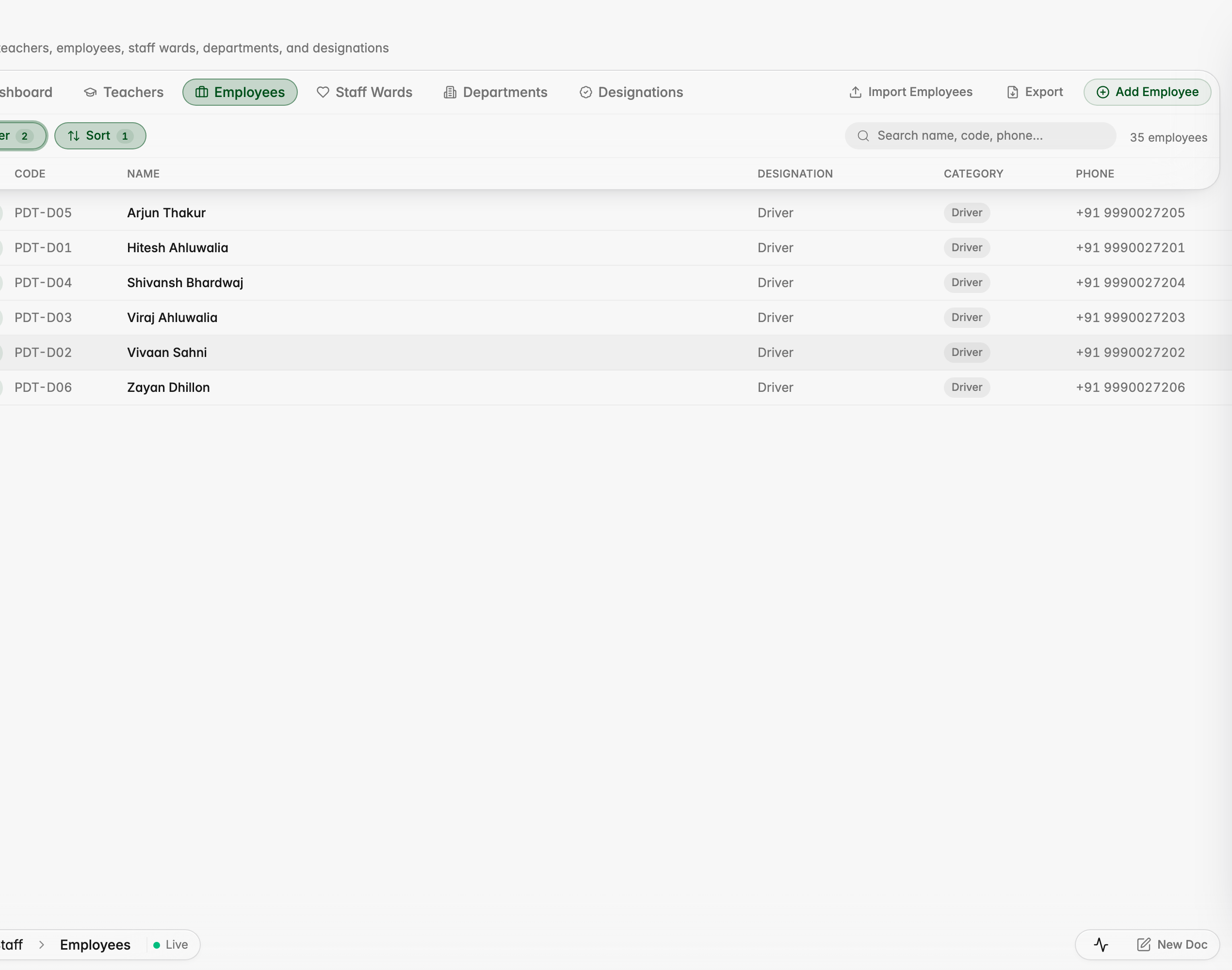 Filter the Employees list by category, here showing only drivers