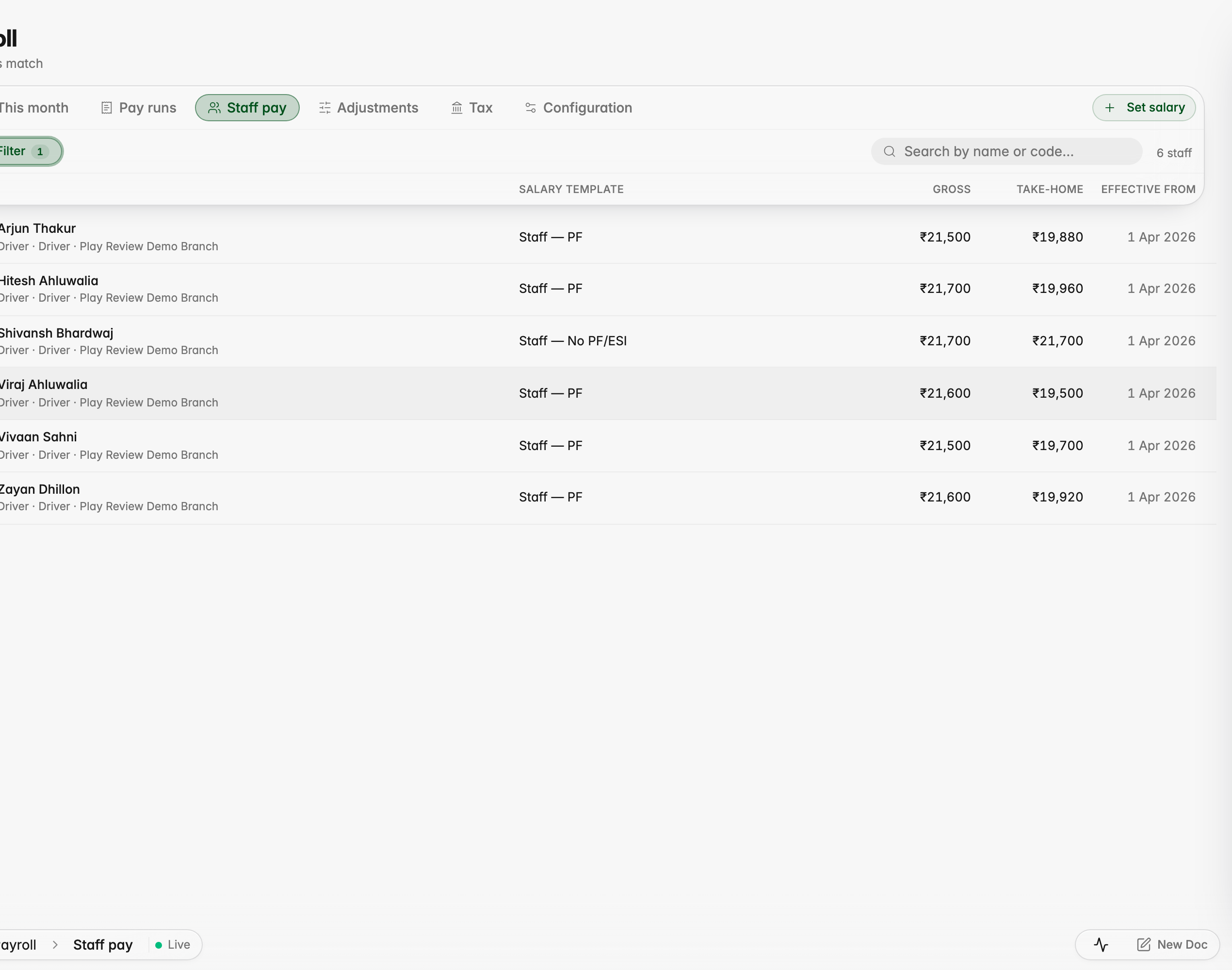 Payroll's Staff pay can be filtered to a single category, here drivers