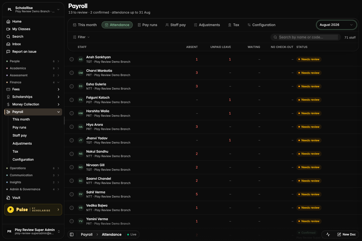 The new Attendance tab listing each person's absences, unpaid leave and review status