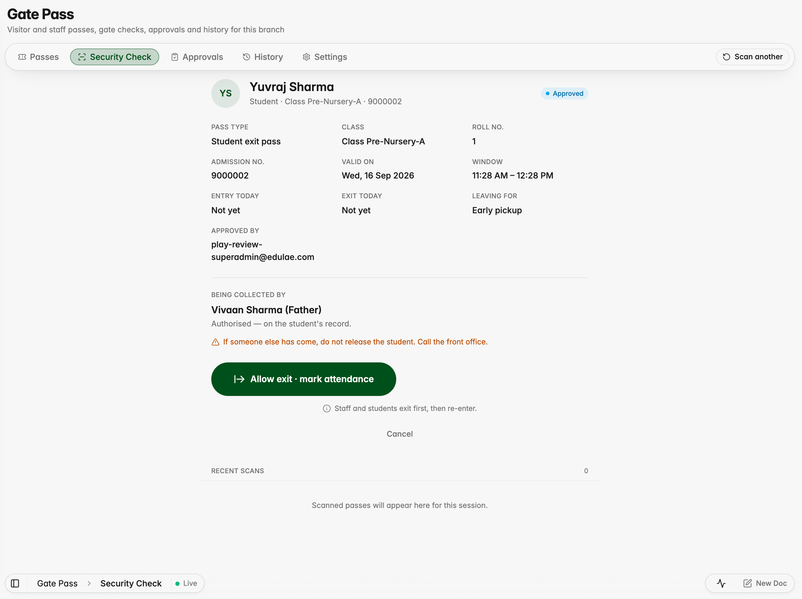 At the gate, a parent on record is shown as authorised