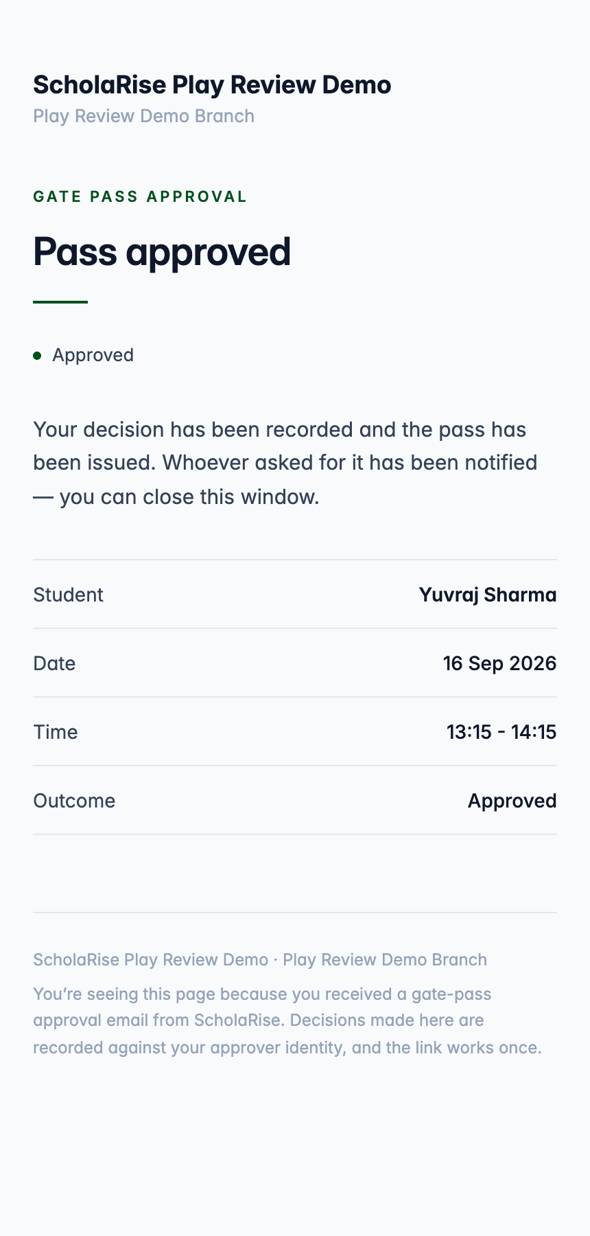 The decision is recorded and the link stops working