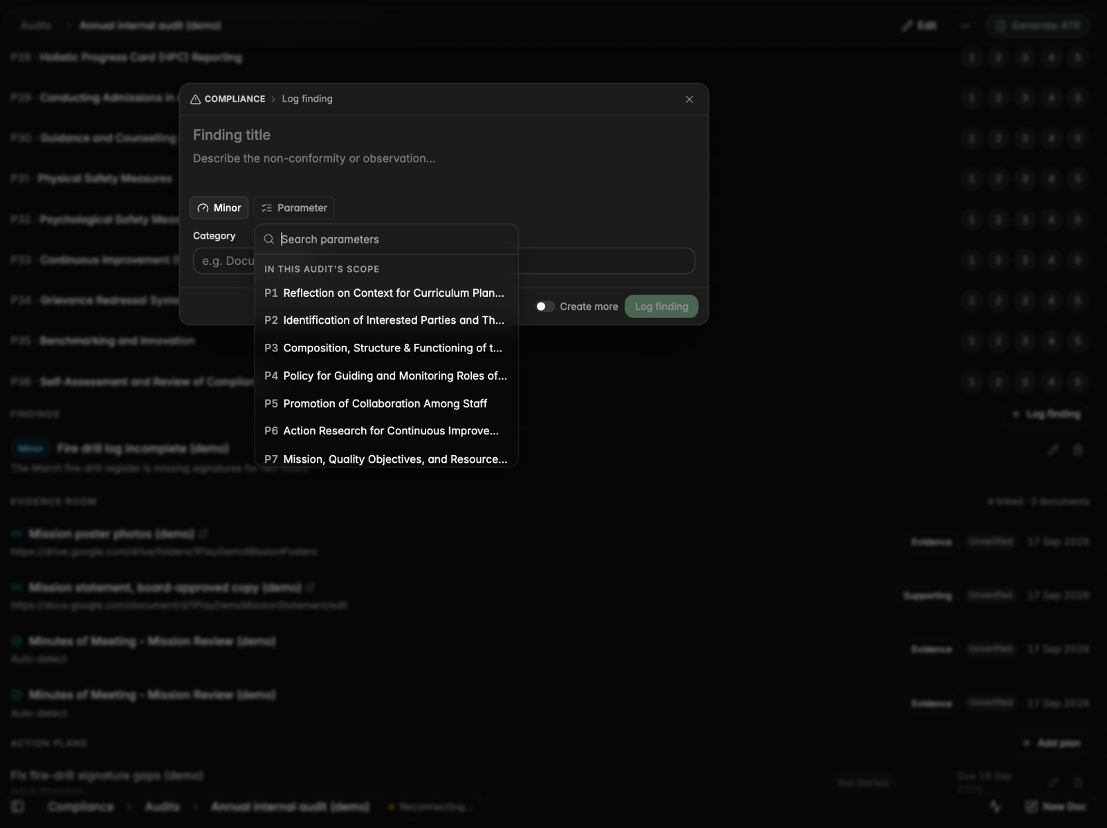 Logging a finding now has a searchable parameter list, with the audit's own parameters first