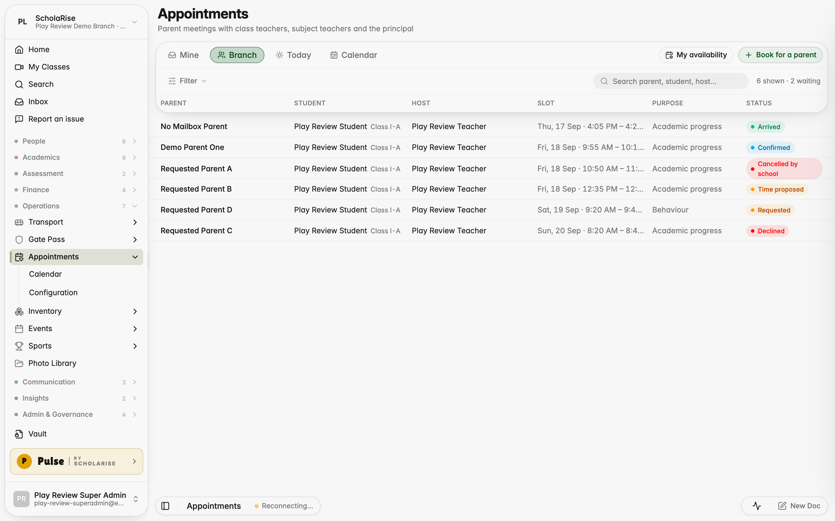 Every meeting request for the branch in one place