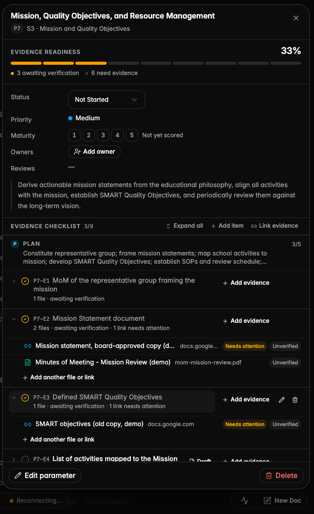 Checklist items whose external links no longer open are flagged on the item and on the file