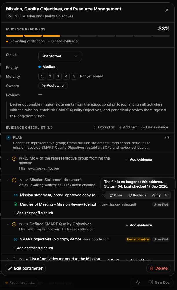 Hovering the flag shows why the link failed and when it was last checked, with a Recheck action