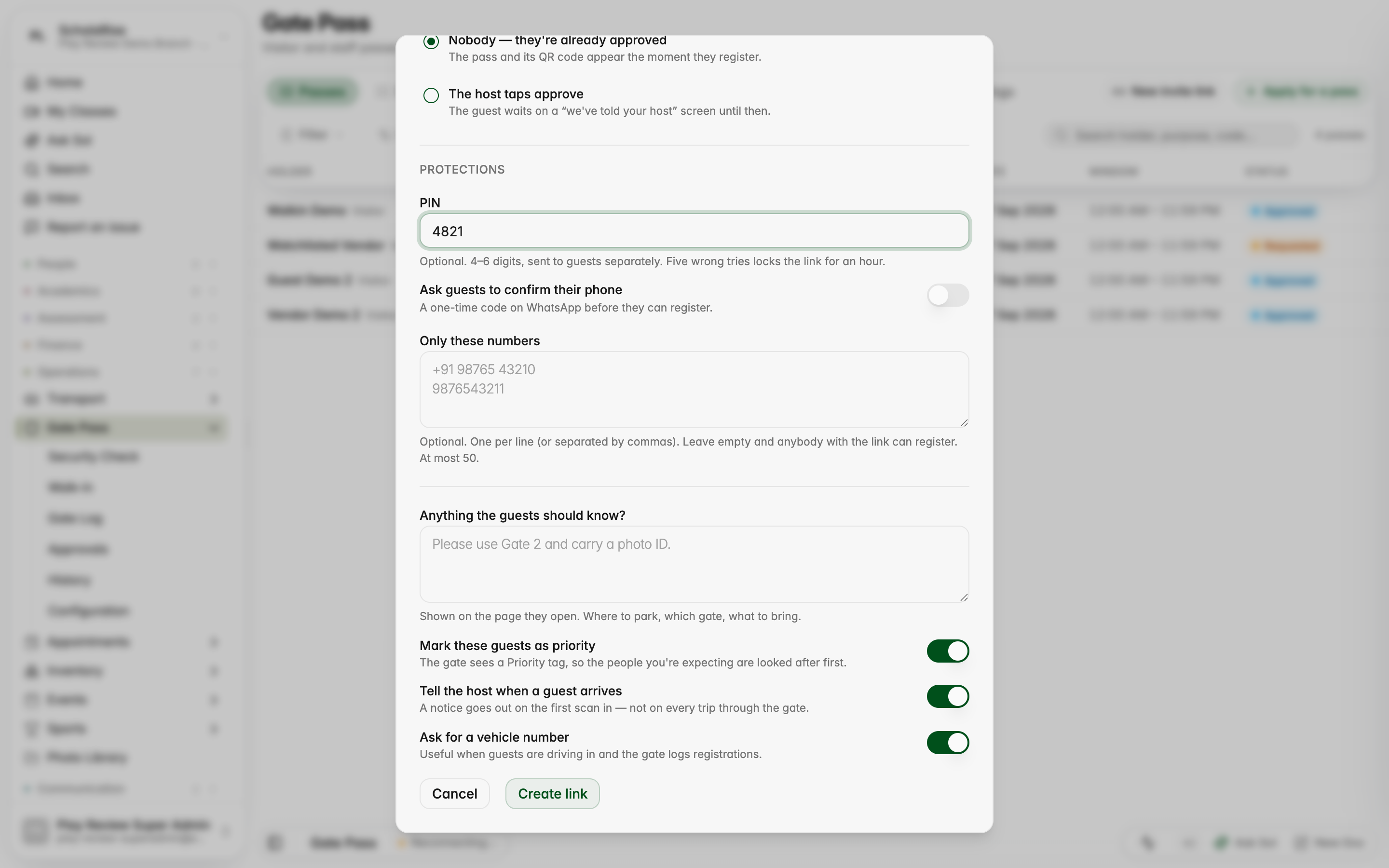 Creating an invitation link for an occasion