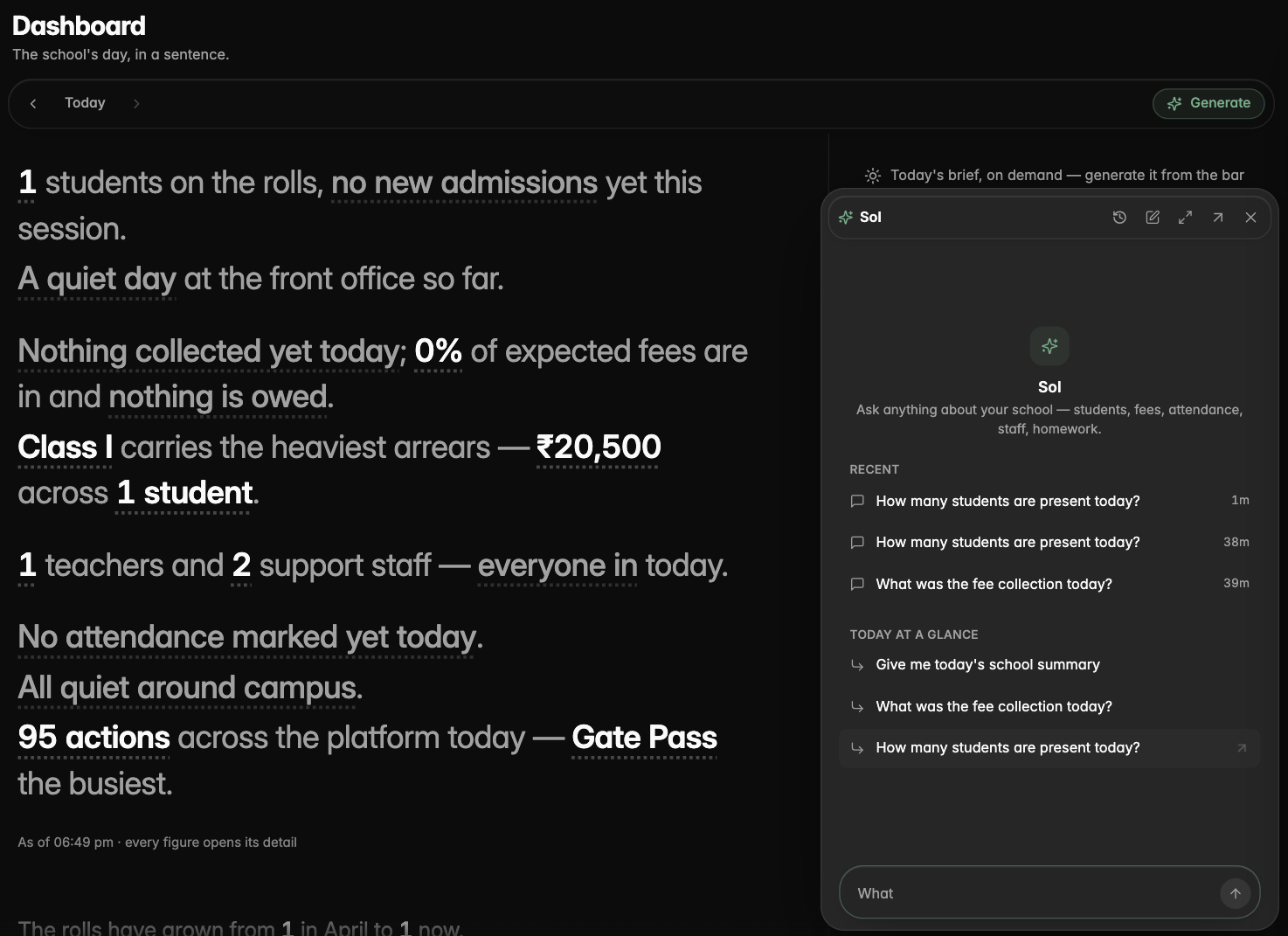 The quick-ask panel in dark mode, with recent conversations and suggestions for the current page