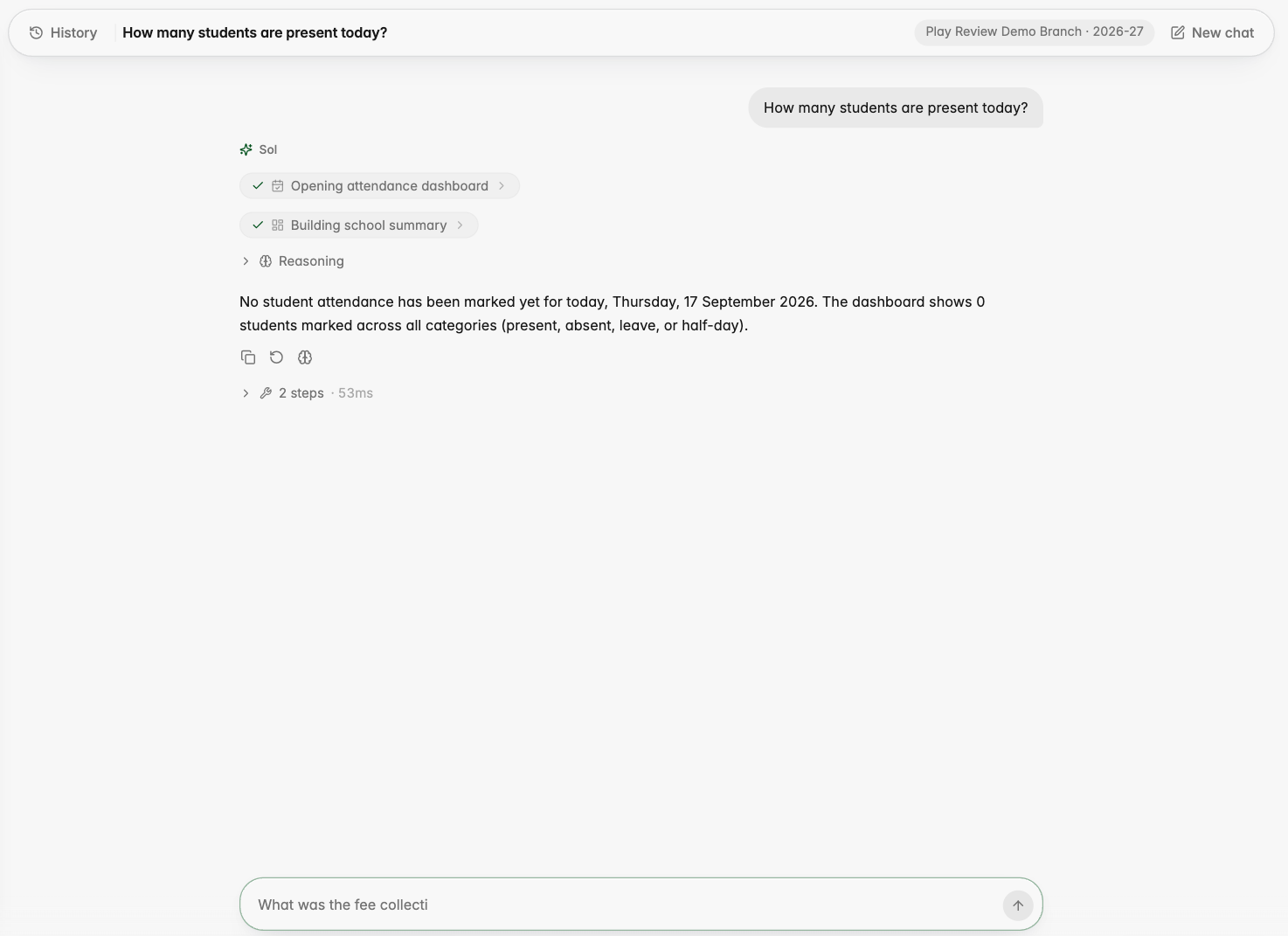 The redesigned Ask Sol page: the conversation scrolls under a floating bar and composer