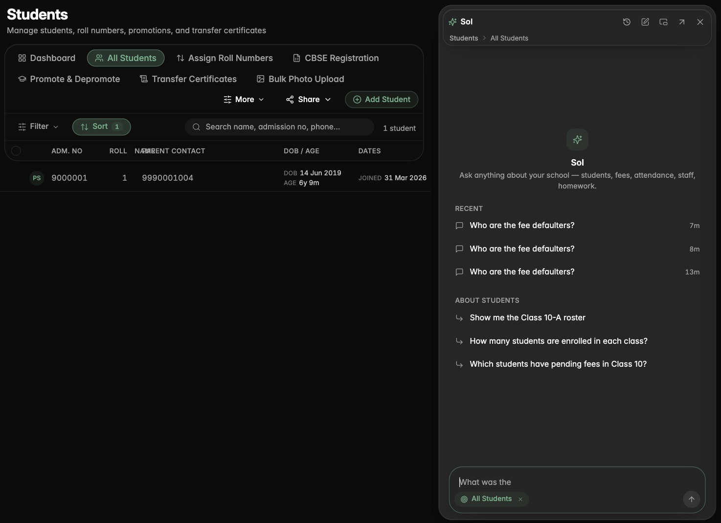Sol docked beside the Students list, with suggestions about the page