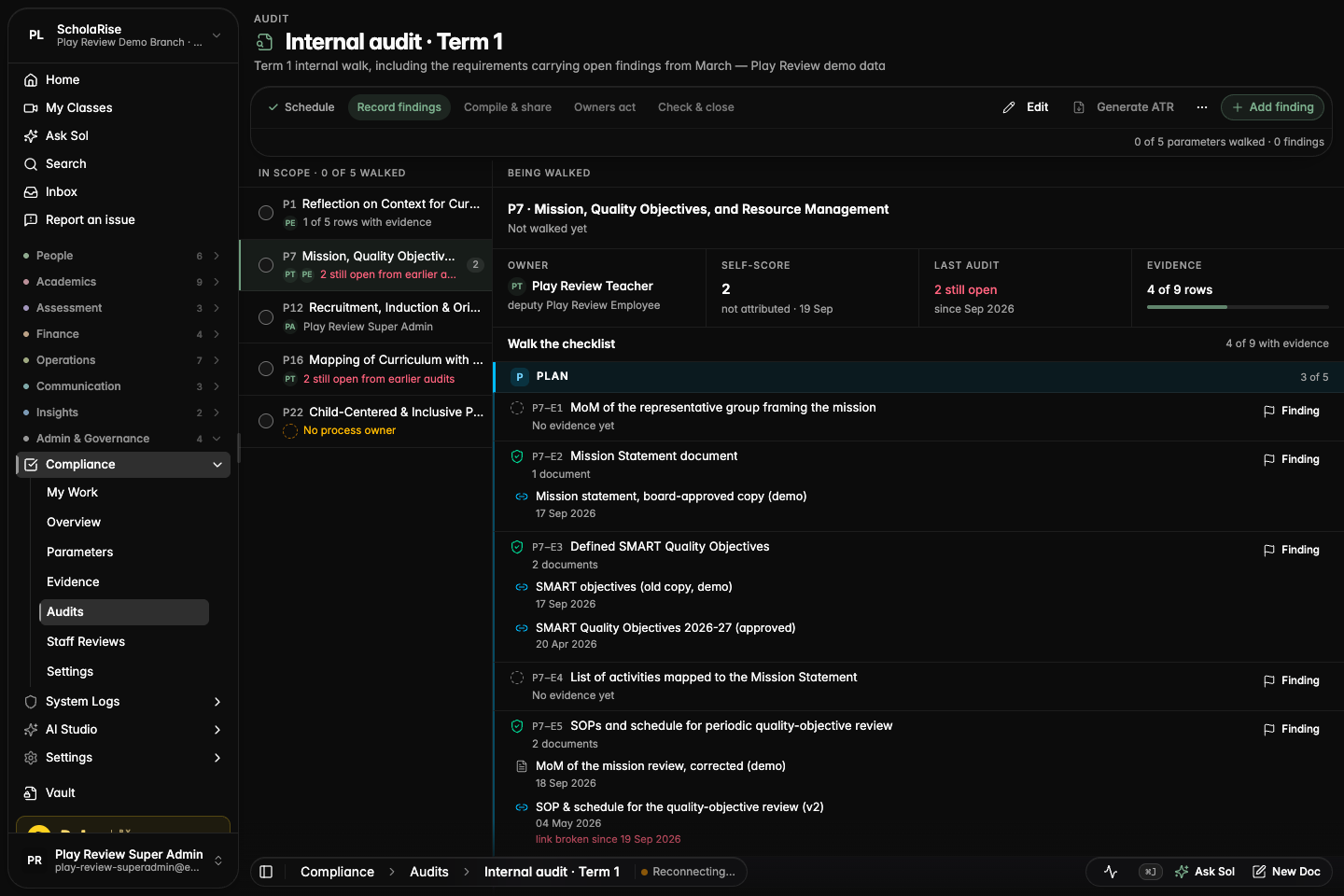 The audit walk, with the checklist and the owner's documents in one pane