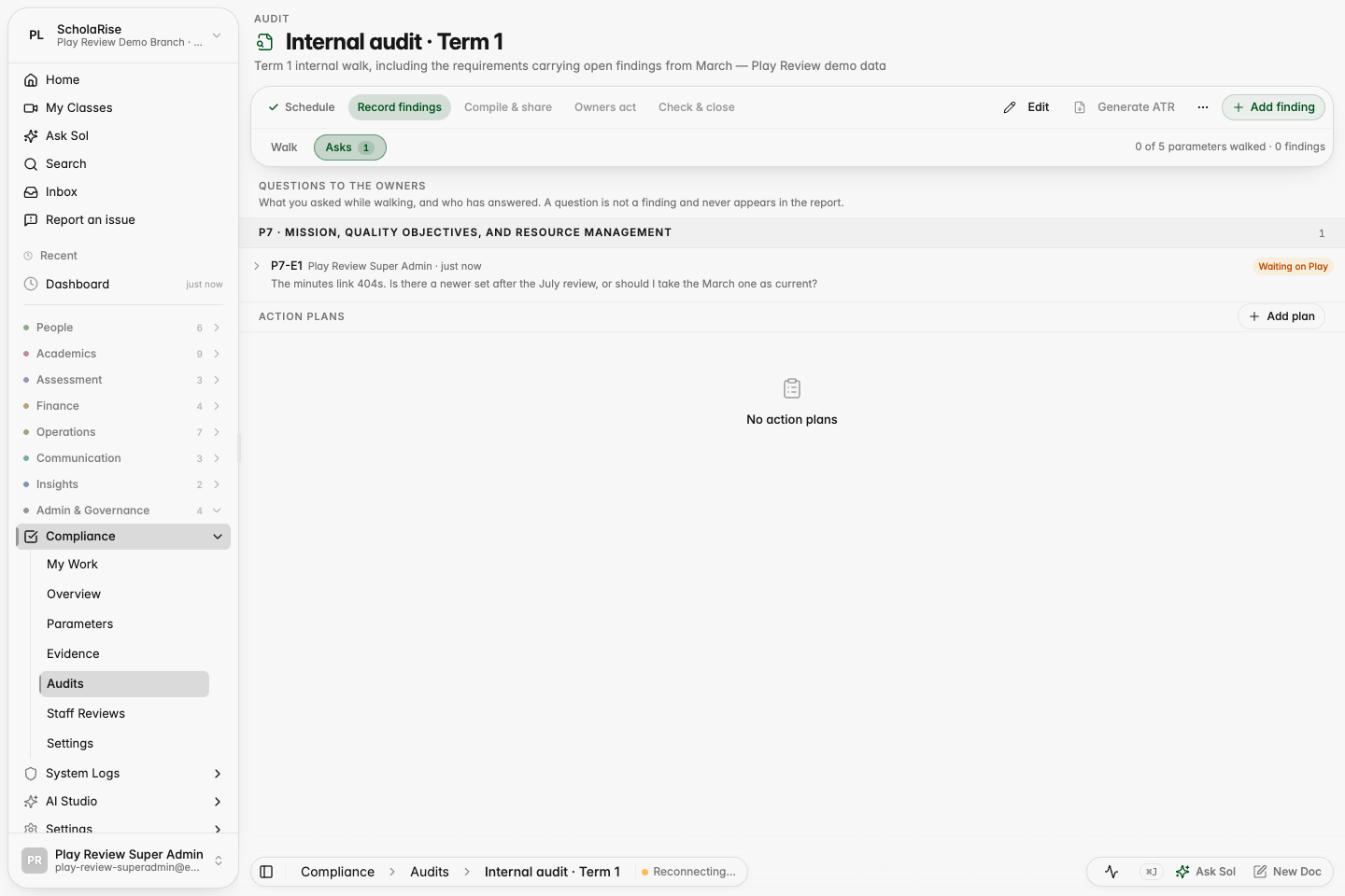 The Asks tab: every question on the audit, grouped by parameter, with who still owes a reply.