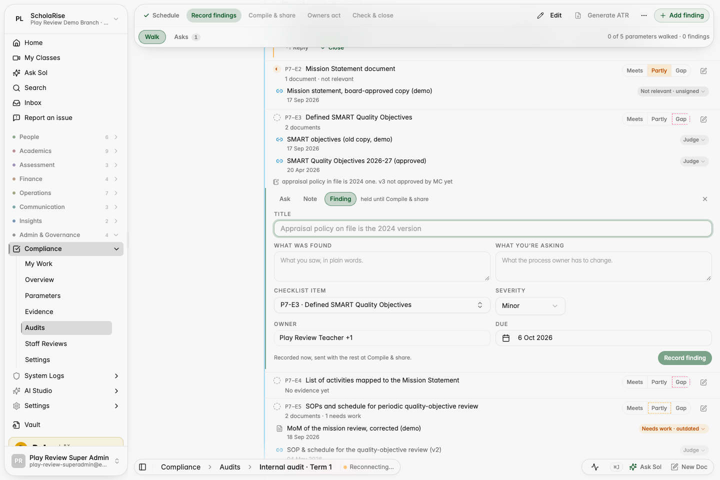The composer's Finding lane on a checklist row, with the item, owner and due date already filled in.