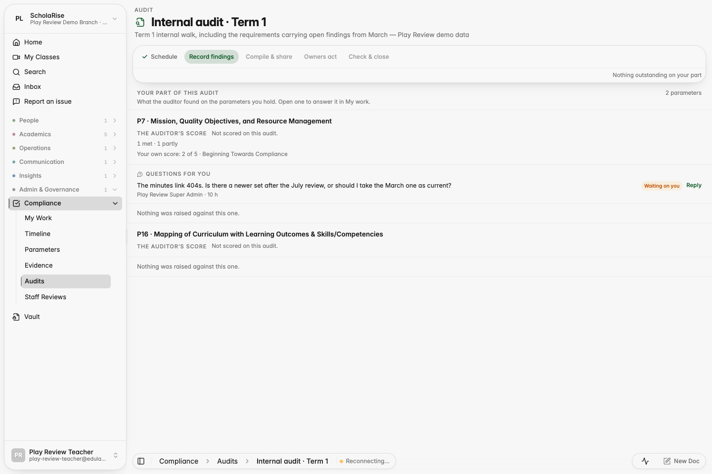 The owner's view of the shared audit: the auditor's tallies beside their own self-score, and the question waiting for them.