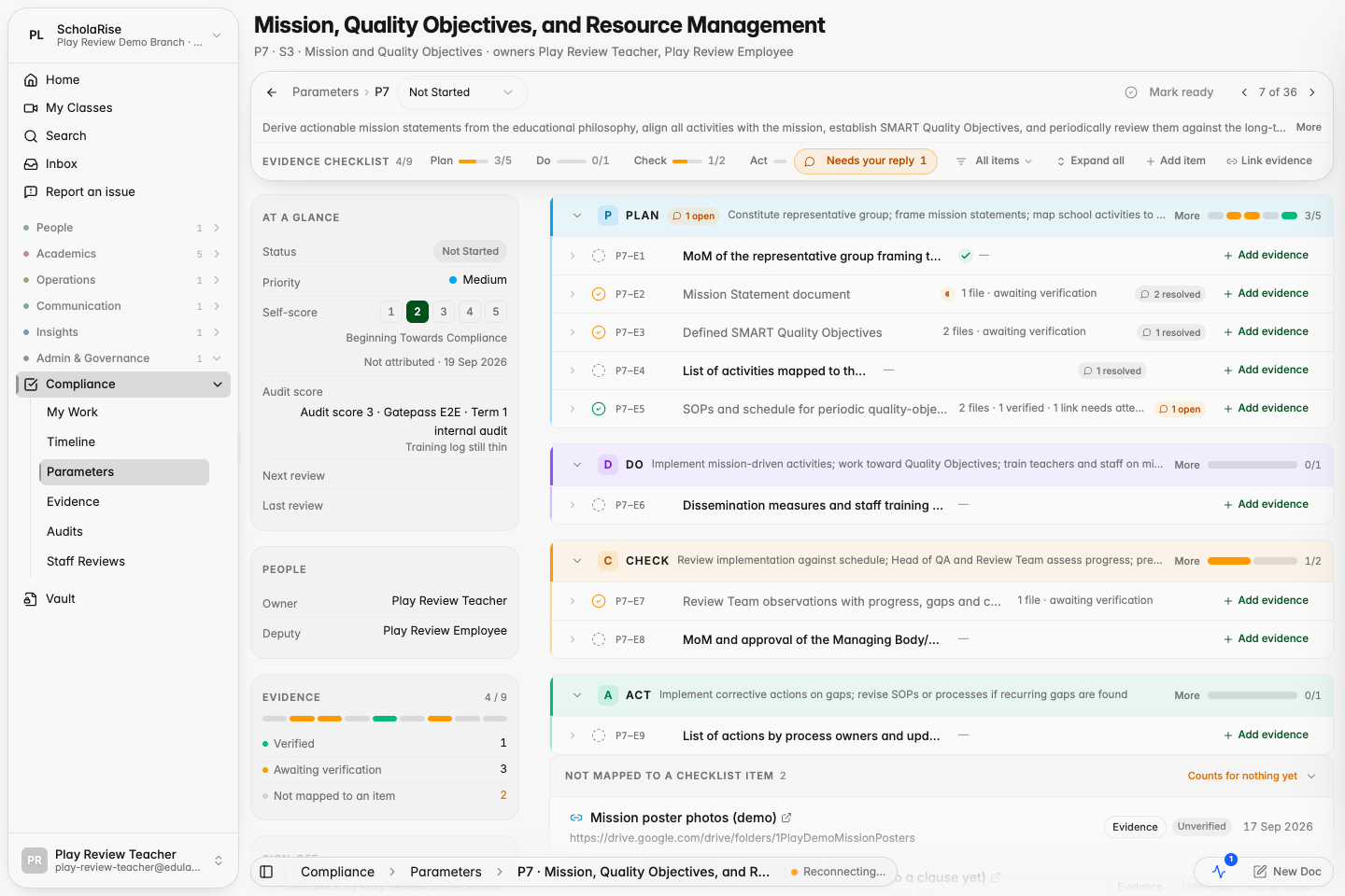 The owner's parameter page after the hand-over: the auditor's verdict marks on each checklist row.