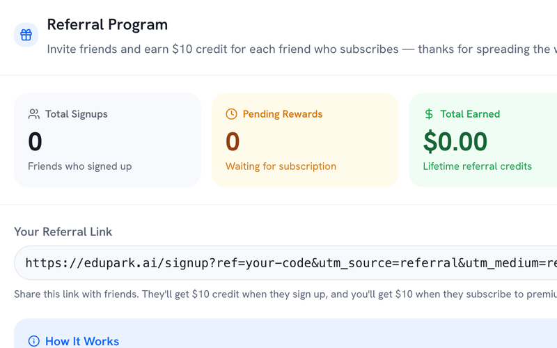 The Referral Program card on the Billing & Rewards tab: the student's signups, pending rewards and earnings, their referral link, and how the $10 rewards work.