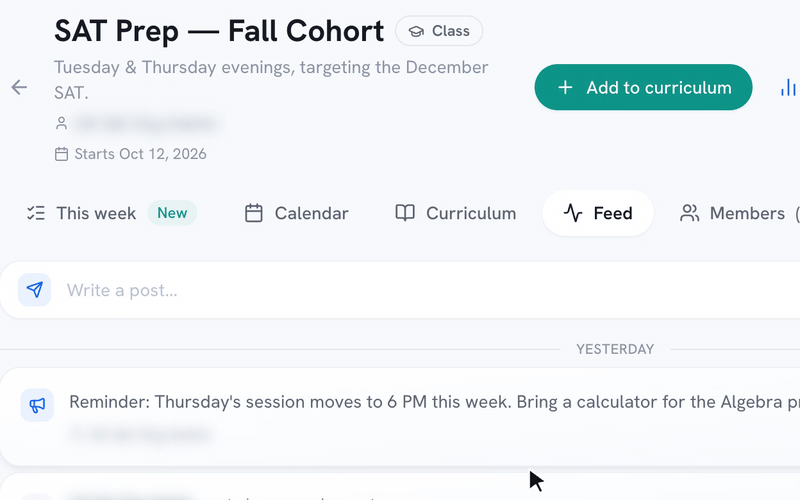A teacher types an announcement on a class's Feed and posts it, and it appears at the top of the Feed for every student in the class.