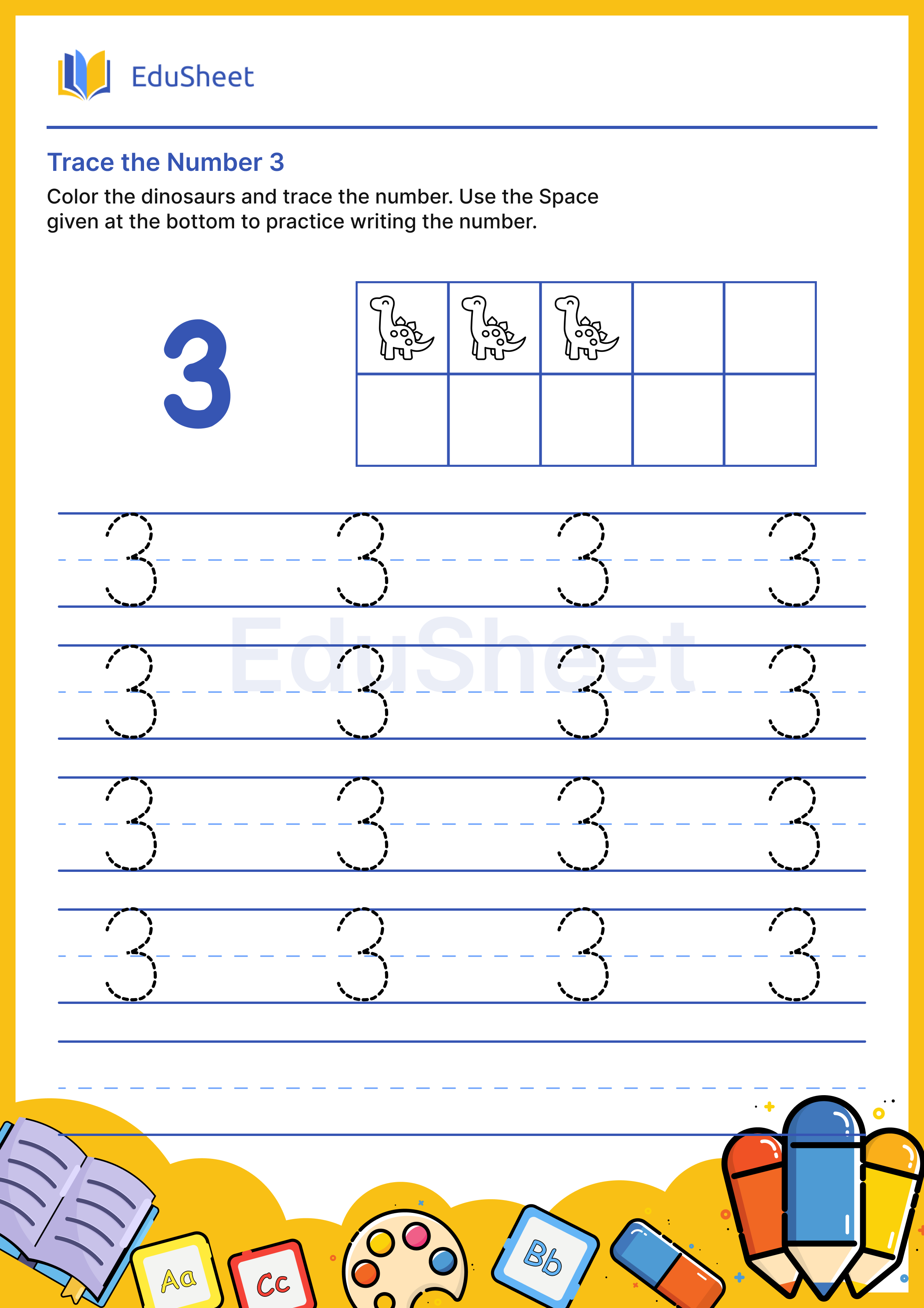 Trace the Number of dinosaurs 3 Worksheets | Free Download at Orchids ...