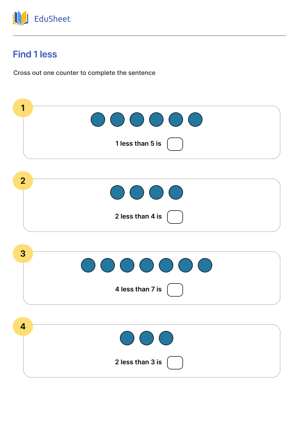 Find 1 less Worksheets | Free Download at Orchids International