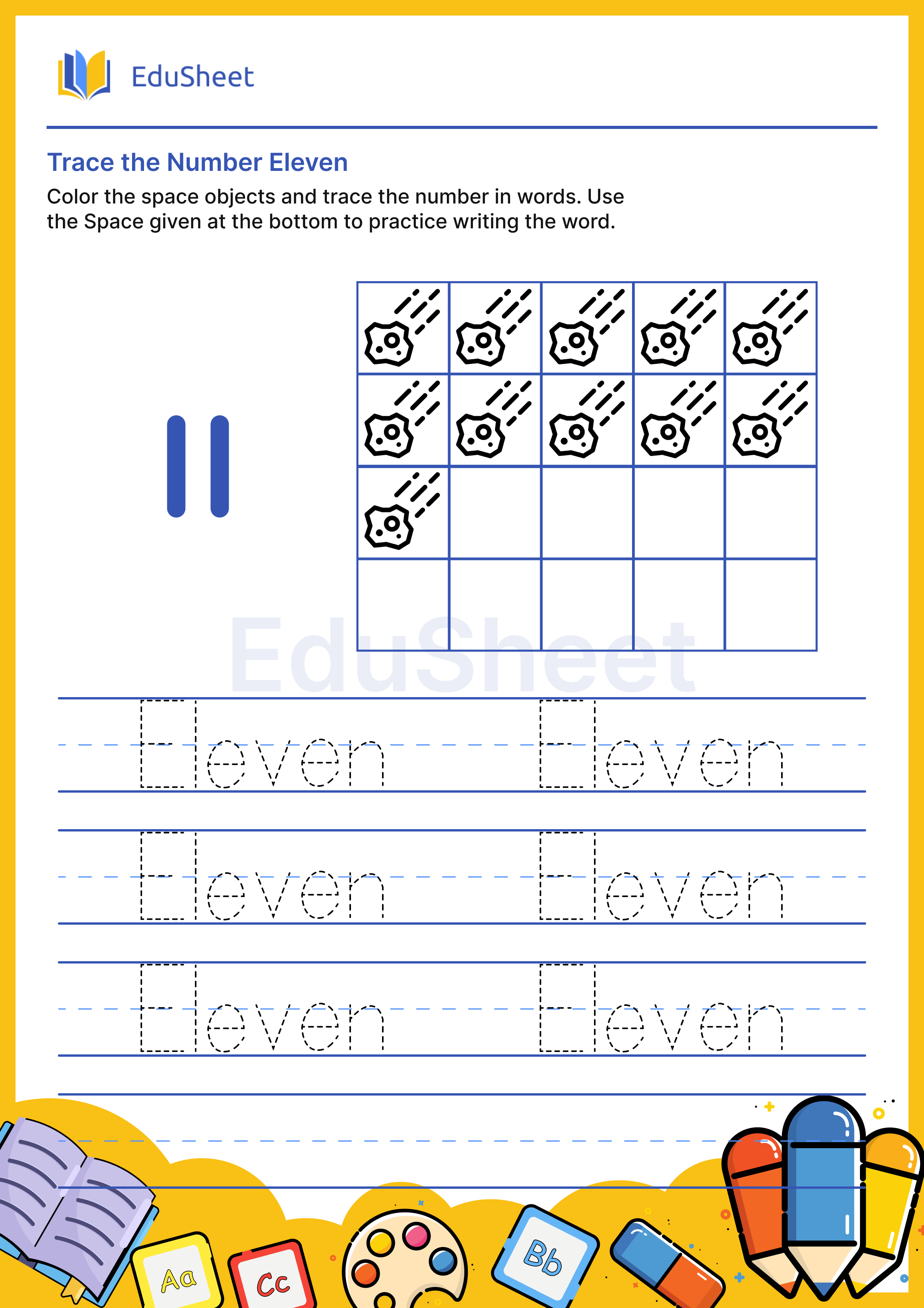 Trace space objects Numbers in Word "Eleven" Worksheets | Free Download ...