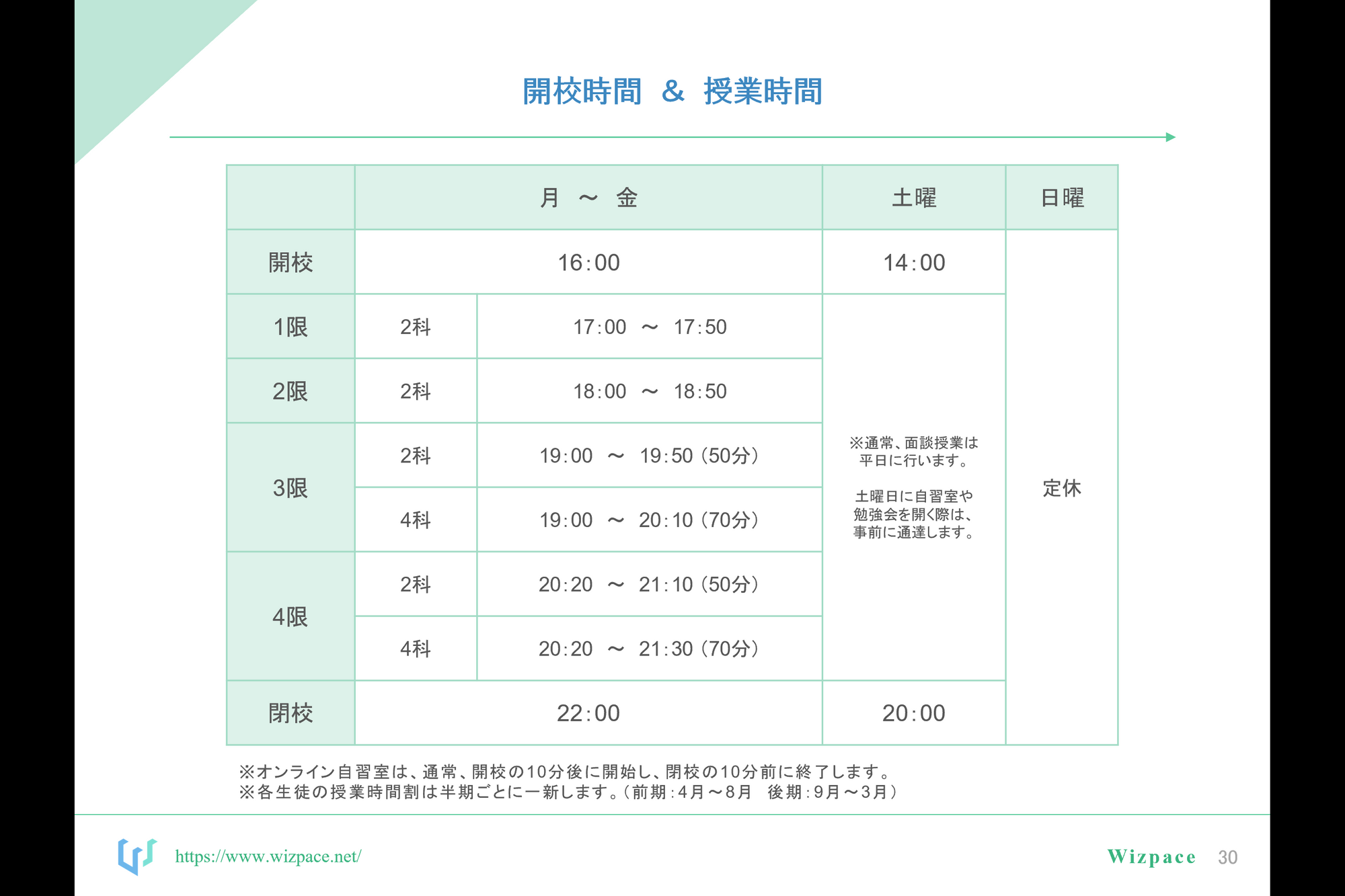 Wizpace開校時間および授業時間1