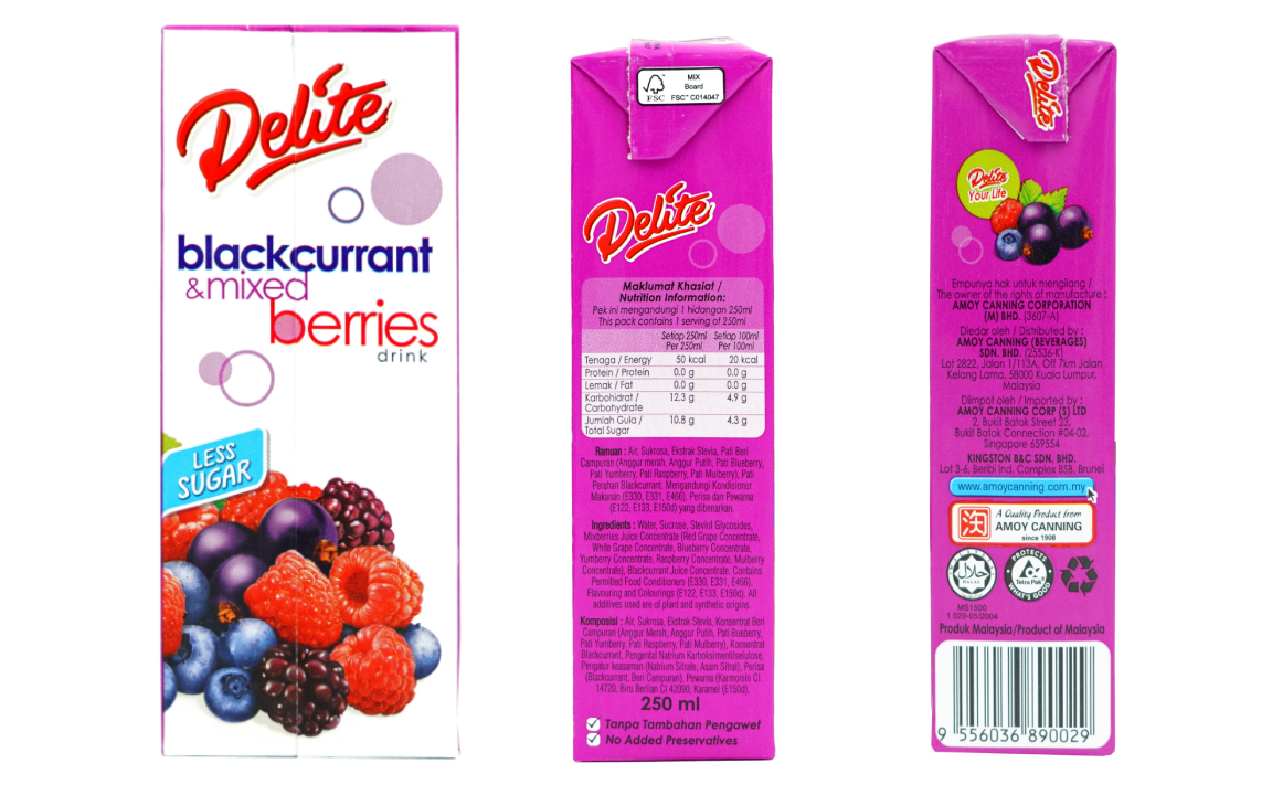 DELITE LESS SUGAR - BLACKCURRANT & MIXED BERRIES
A fusion of blackcurrants and berries creates a harmonious blend that's refreshing and unique.