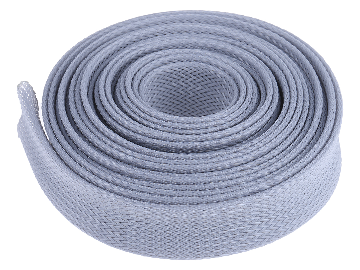 Rs Pro Expandable Braided Pet Grey Cable Sleeve, 30mm Diameter, 5m