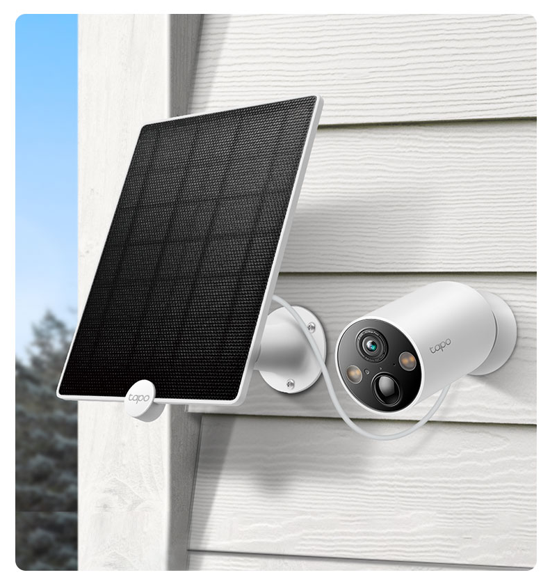 Tapo Solar Panel Supported
Keep your Tapo C425 working around the clock
with Tapo A200 solar Panel which provides a
continuous power supply.*
*Tapo solar panel purchased separately. Actual experience 
may vary due to placement angle, weather conditions. and
camera usage.