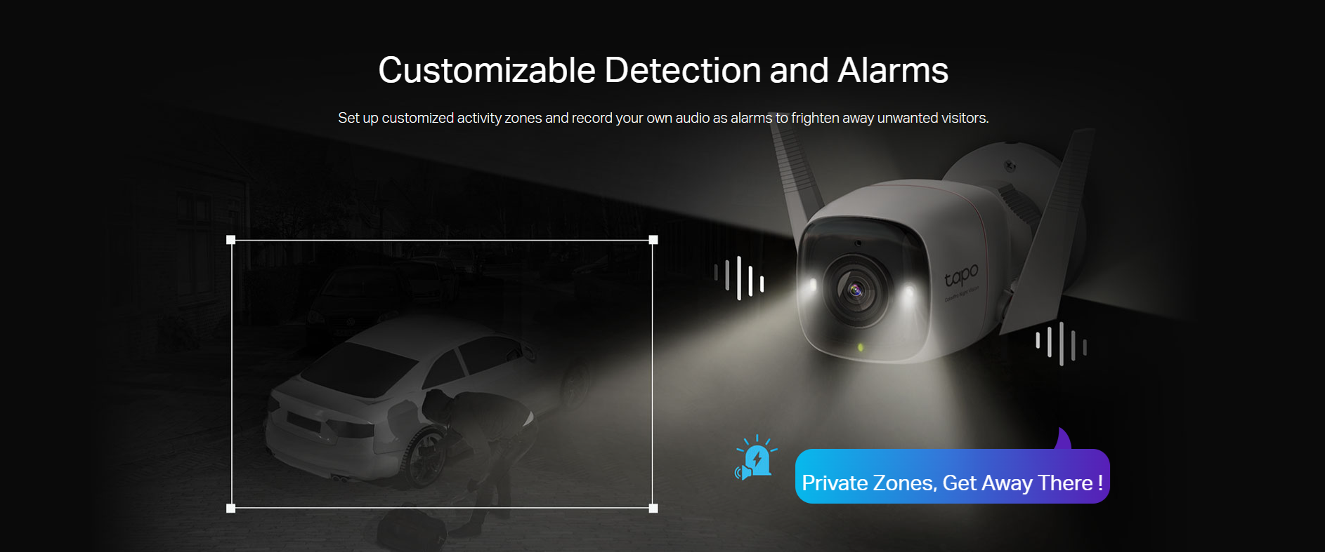 Customizable Detection and Alarms
Set up customized activity zones and record your own audio as alarms to frighten away unwanted visitors.
