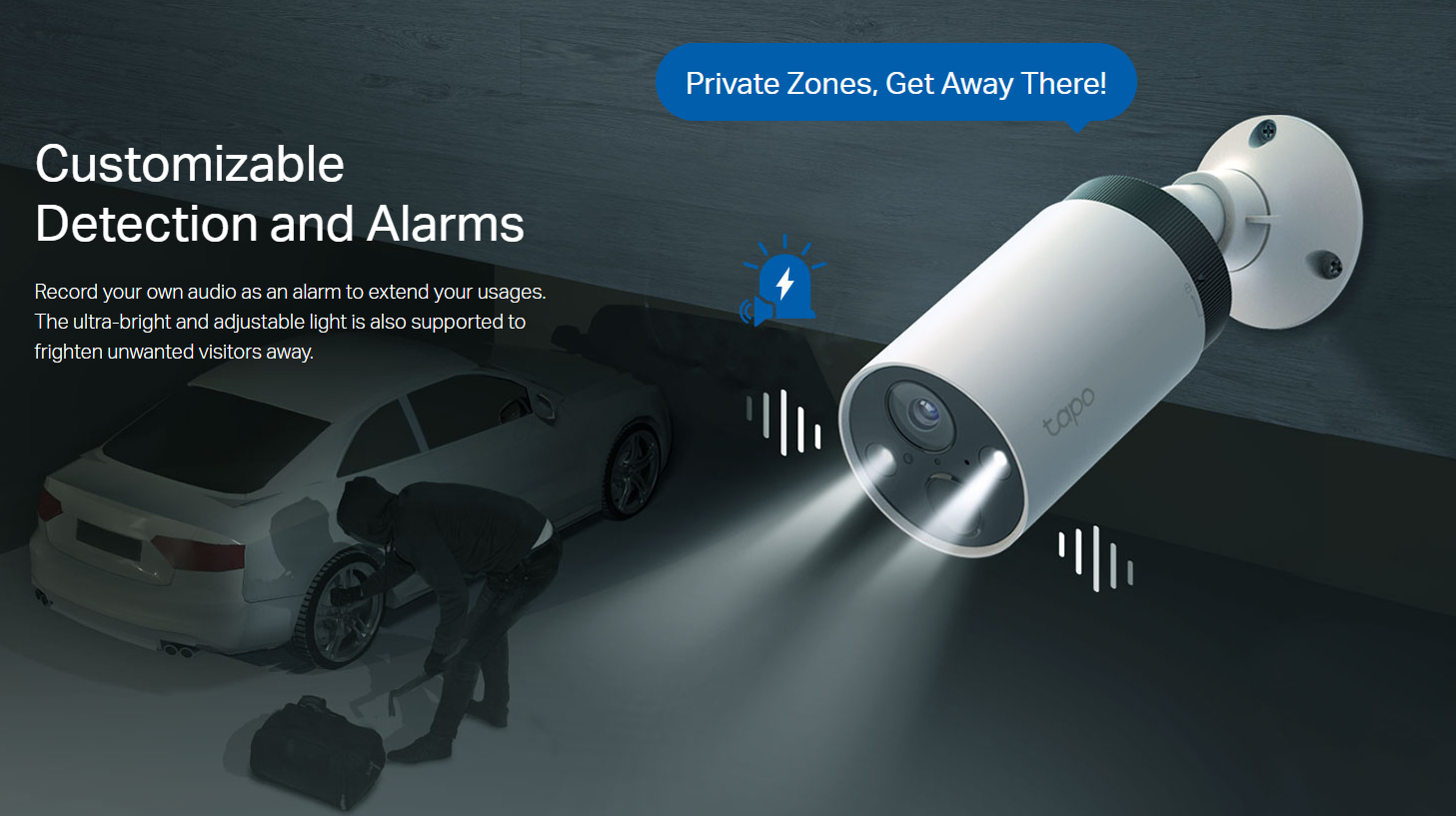 Customizable Detection and Alarms
Record your own audio as an alarm to extend your usages. The ultra-bright and adjustable light is also supported to frighten unwanted visitors away.