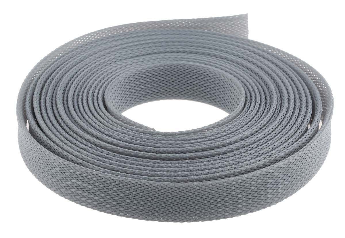 RS PRO Expandable Braided PET Grey Cable Sleeve, 15mm Diameter, 5m Length