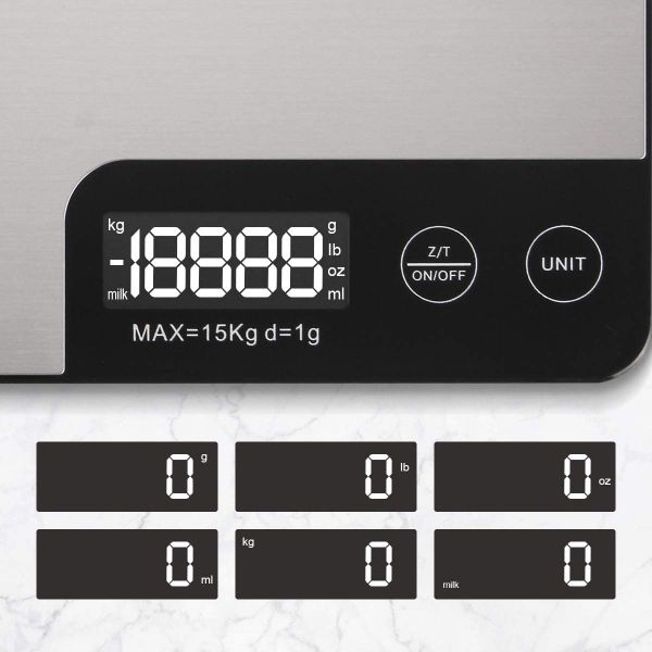 Food Scale, 33lb/15 kg Digital Kitchen Scale Weight Grams and oz for Cooking  Baking, 1g/0.1oz Precise Graduation, Stainless Steel and Tempered Glass 