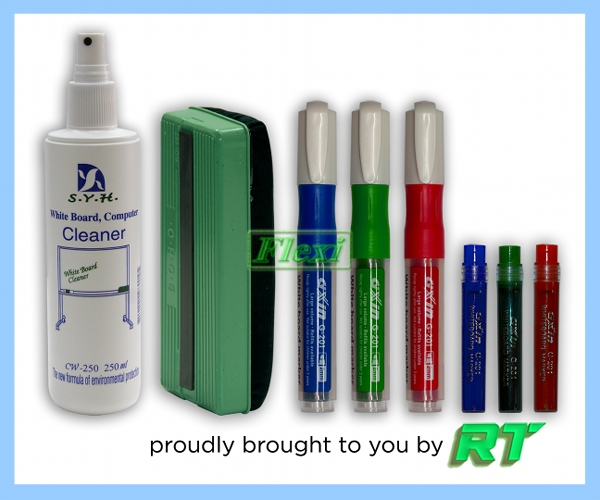     Magnetic Whiteboard Eraser - 145 x 60 x 30mm
    3pcs of Whiteboard Marker with Corresponding Ink Cartridge Refill
    Whiteboard Cleaner - 250ml