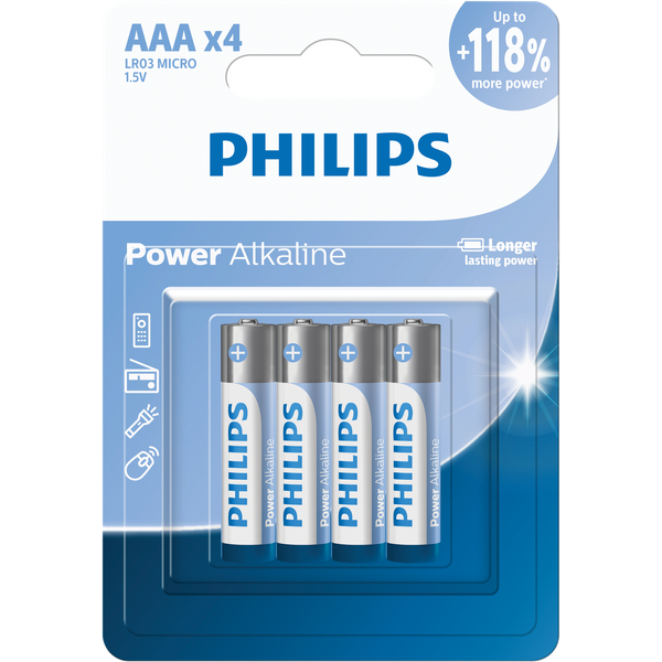 Piles Power Alkaline AAA LR03 1,5V - PHILIPS - LR03P4B/10 